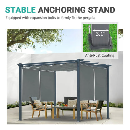 BPS 10'x10' Outdoor Retractable Pergola with Sun Shade Canopy & Curtains, Patio Aluminum Pergola Gazebos for Backyard Deck Garden, Dark Gray
