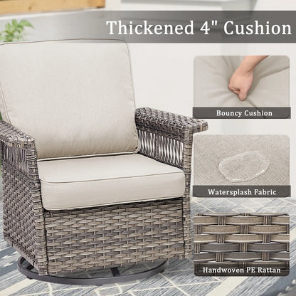 Feishominhoo Outdoor Swivel Rocker Patio Chairs,Gray Wicker Rocking Glider Chairs Set of 2 with Ottomans, Side Table and Beige Cushions Outdoor Patio Furniture for Balcony Porch Deck