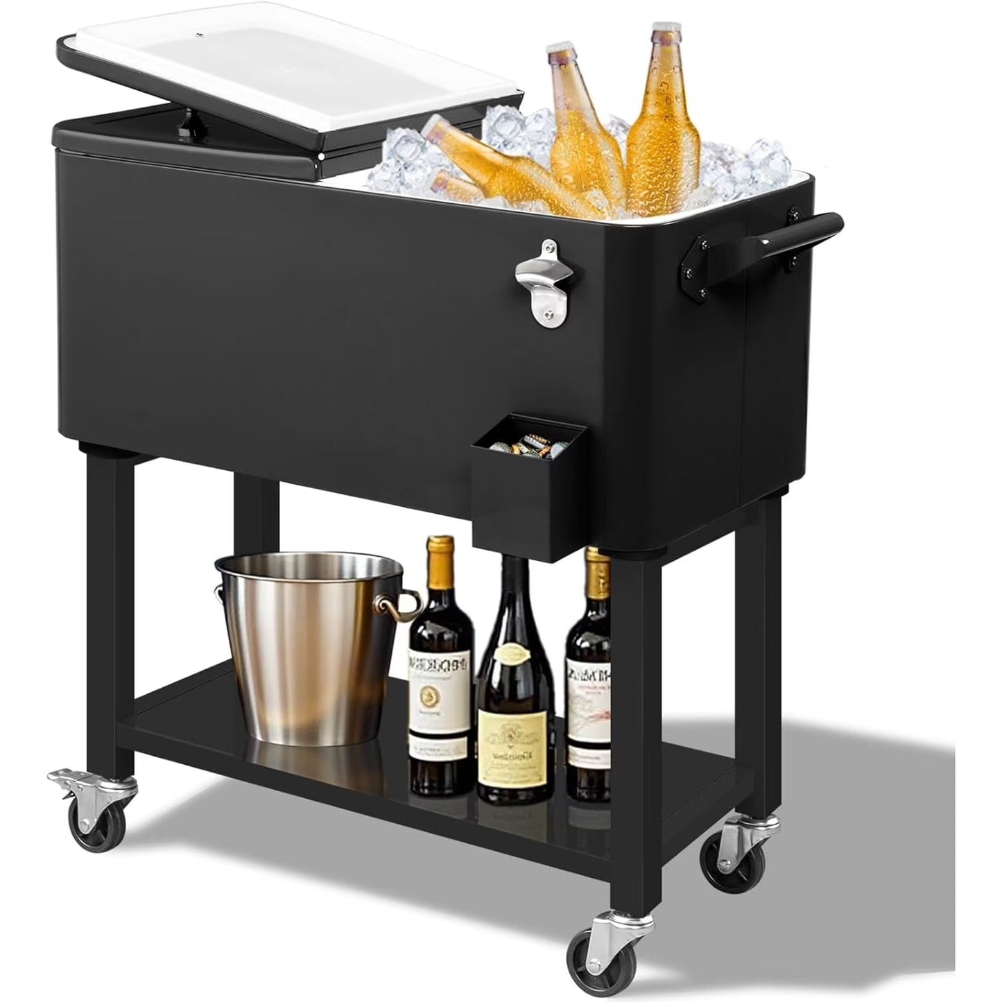 Large 80 Quart Portable Rolling Cooler with Lockable Lid, Features Catch Basin, Utility Tray, and Bottle Opener for Patio, Parties, Boating, and Vacation