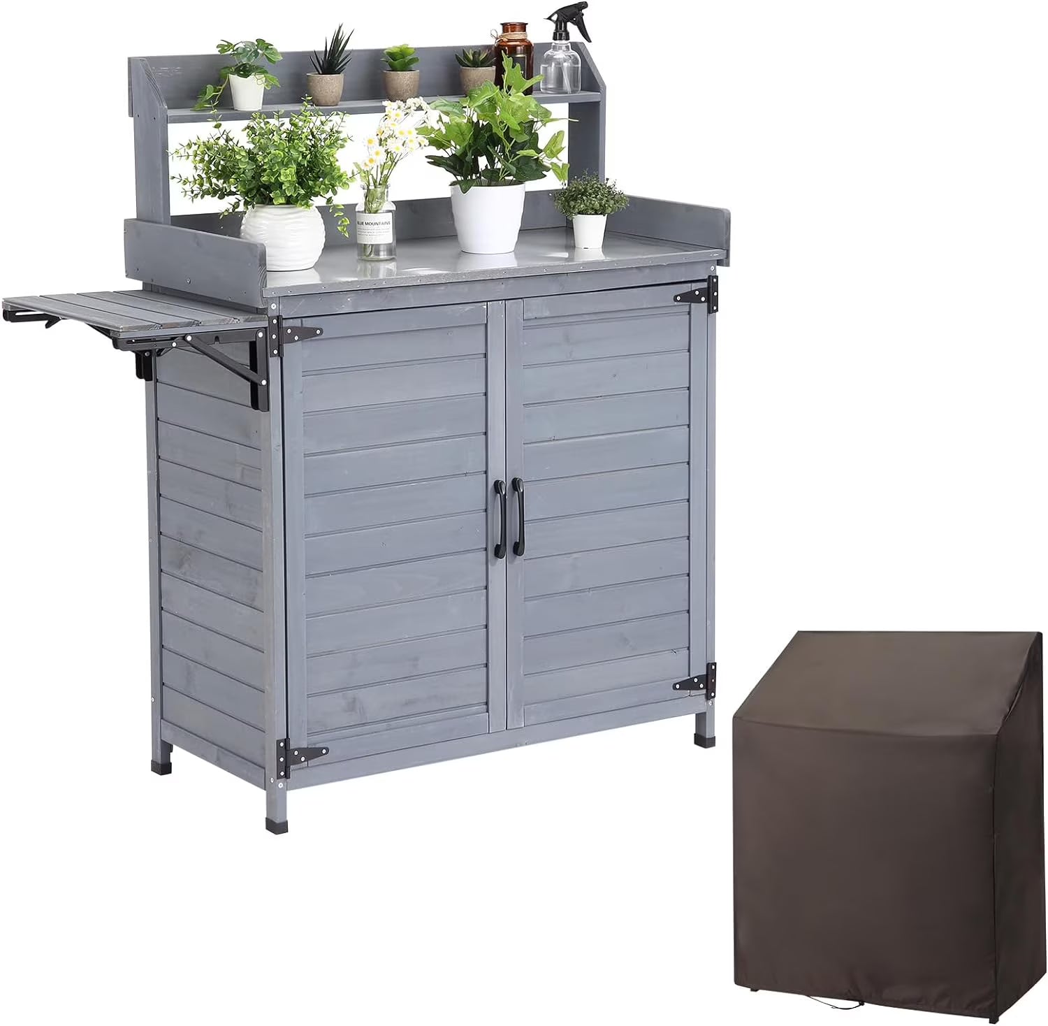 Litake Outdoor Potting Bench Table Storage Cabinet, Wooden Planting Workstation with Storage Shelf & Galvanized Tabletop, Planting Table Garden Work Bench with Cover for Garden, Patio, Greenhouse