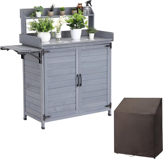 Litake Outdoor Potting Bench Table Storage Cabinet, Wooden Planting Workstation with Storage Shelf & Galvanized Tabletop, Planting Table Garden Work Bench with Cover for Garden, Patio, Greenhouse