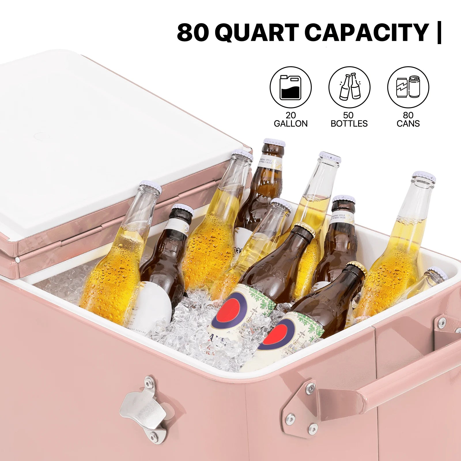 MADOG 80 Quart Rolling Cooler Ice Chest for Outdoor Patio Deck Party, Bar Cold Drink Beverage Cart Tub, Backyard Cooler Trolley on Wheels with Ice Scoop, Catch Tray & Bottle Opener, Pink