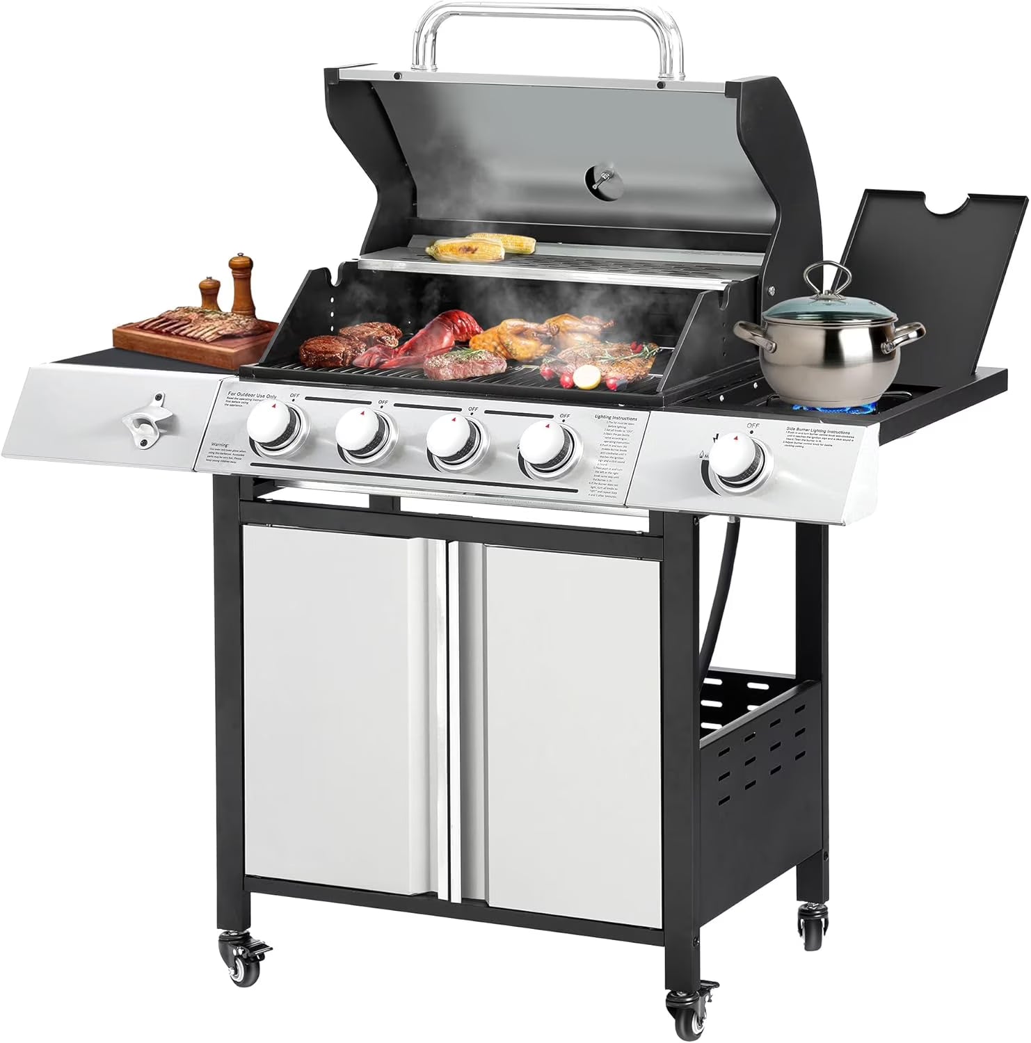 Haverchair 4-Burner Gas BBQ Grill, Cast Iron Barbecue Gas Grill with Side Burner and Bottle Opener for Outdoor Patio Garden Picnic Backyard Cooking, 50,000BTU Black