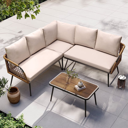 LAUSAINT HOME 4 Pieces Outdoor Conversation Sets, Patio Metal Frame Sofa with Wood Loveseat and Coffee Table, Beige Cushions