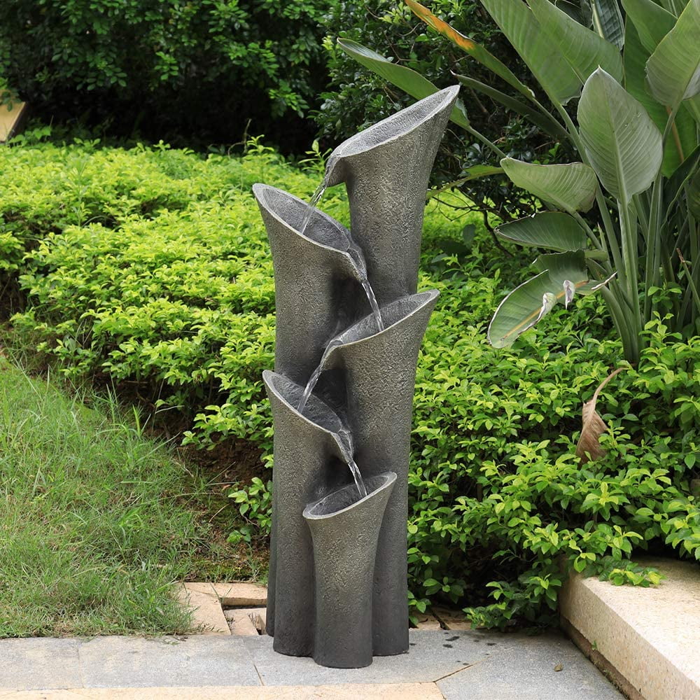 5-Tier Outdoor Water Fountains with LED Lights, 40" High Waterfalls Outdoor Water Feature for Garden Yard Patio Deck Home