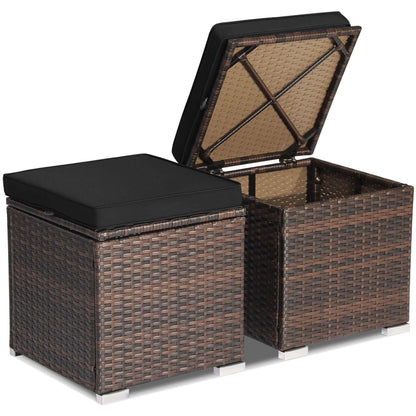Costway 2PC Patio Rattan Ottoman Seat Side Table Storage Box Footrest Off White