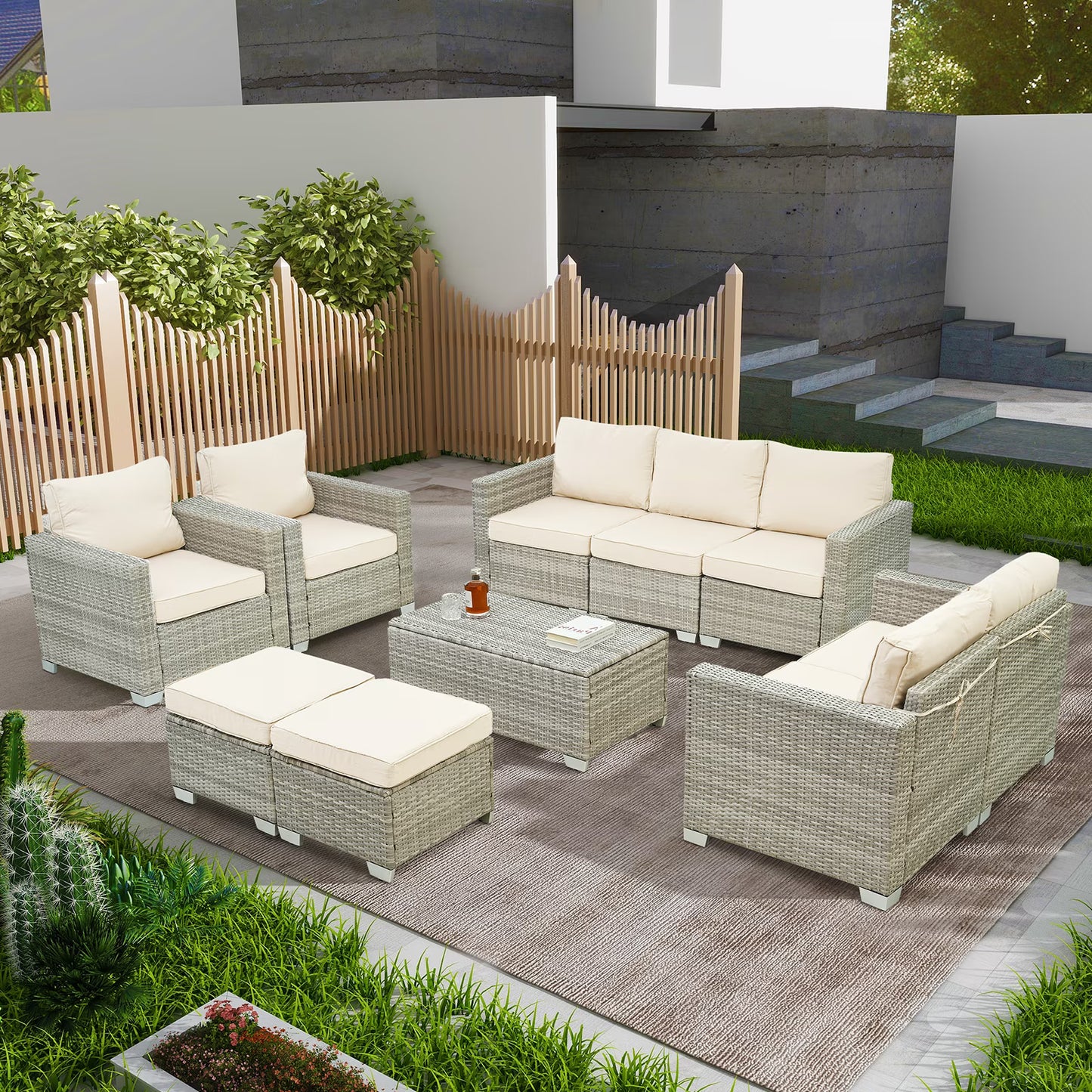 10 Pieces Patio Furniture Sets Outdoor,Manual Weaving Wicker Rattan Sectional Sofa Patio Conversation Sets with Cushions & Coffee Table with Hidden Storage for Outside, Balcony, Porch