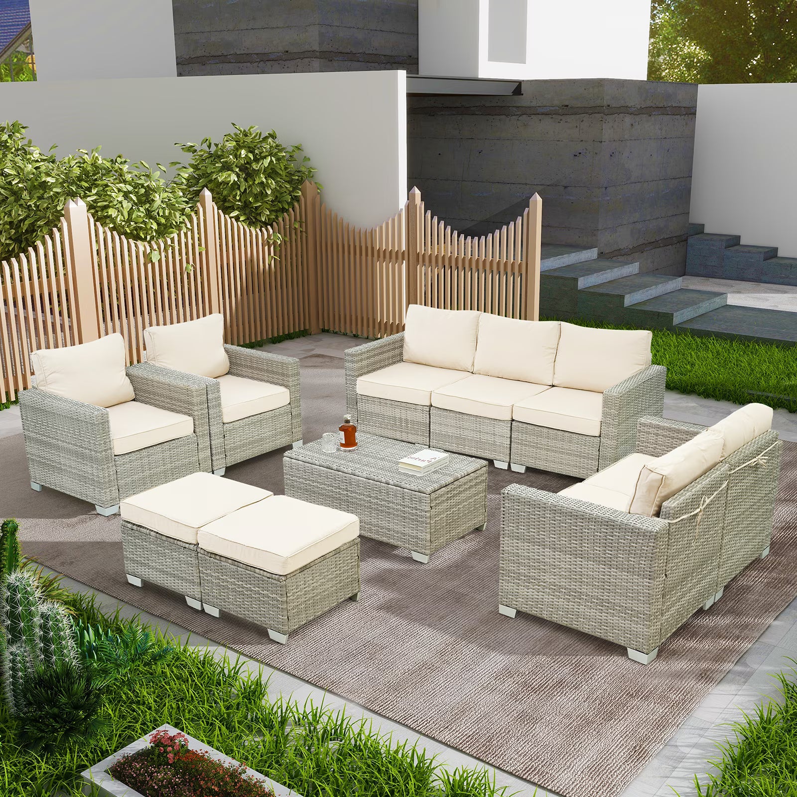 10 Pieces Patio Furniture Sets Outdoor,Manual Weaving Wicker Rattan Sectional Sofa Patio Conversation Sets with Cushions & Coffee Table with Hidden Storage for Outside, Balcony, Porch