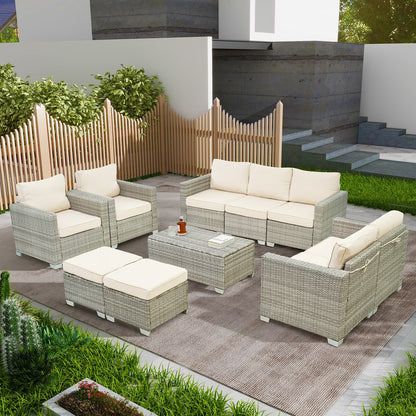 10 Pieces Patio Furniture Sets Outdoor,Manual Weaving Wicker Rattan Sectional Sofa Patio Conversation Sets with Cushions & Coffee Table with Hidden Storage for Outside, Balcony, Porch