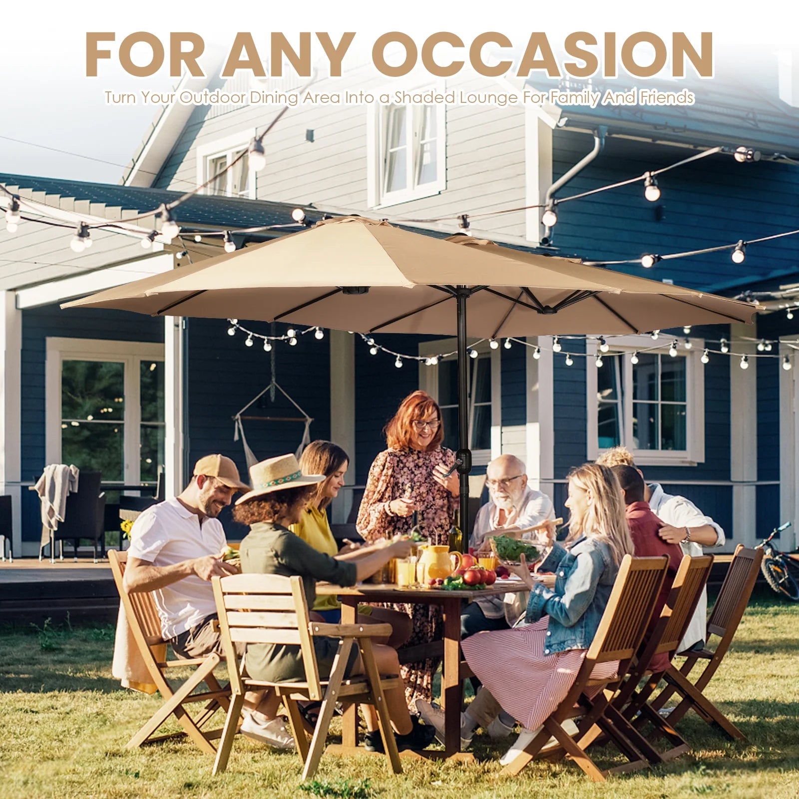 Sun-Ray 9'x15' Steel Triple Canopy Umbrella, Taupe - Outdoor Patio Umbrella with Base, UV Protection & Wind-Resistant, Large Rectangular Shade for Garden, Poolside, Deck, and Backyard