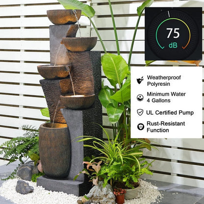 5 Tiers Modern Cascading Large Outdoor Fountain with Lights Water Fountain for Garden, Patio, Backyard, Deck, Porch and Home Art Decor
