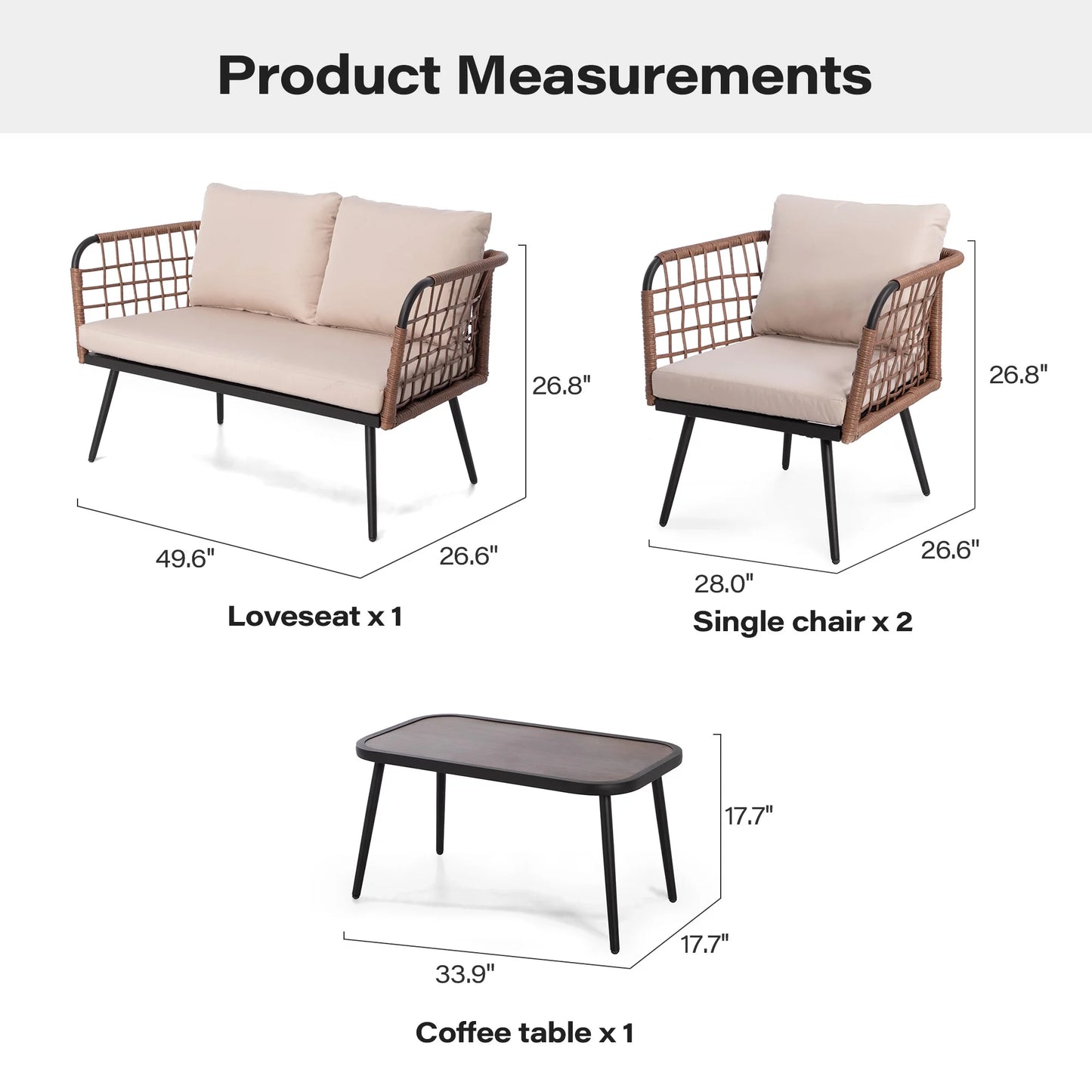 LAUSAINT HOME 4 Pieces Outdoor Conversation Sets, Patio Metal Frame Sofa with Wood Loveseat and Coffee Table, Beige Cushions