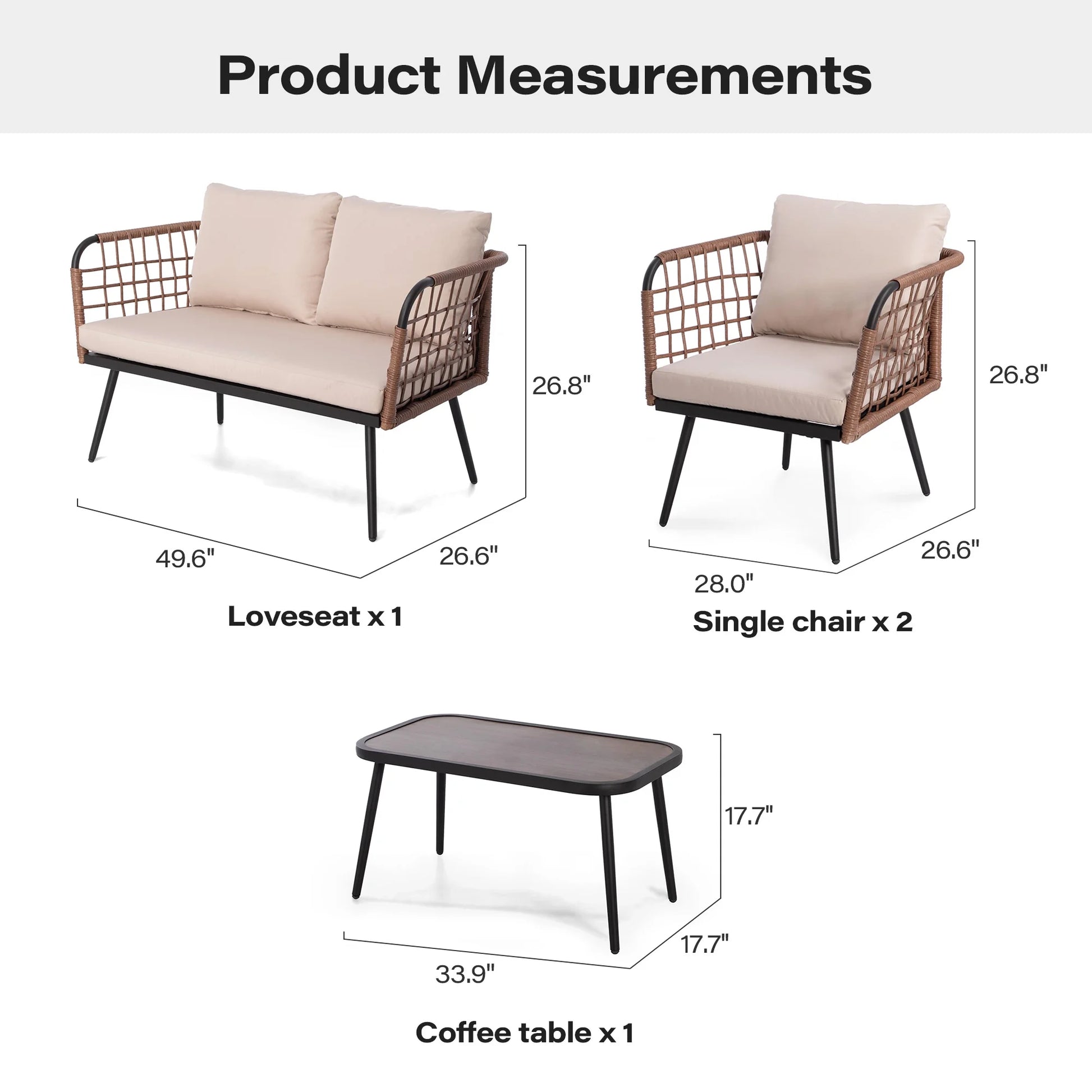 LAUSAINT HOME 4 Pieces Outdoor Conversation Sets, Patio Metal Frame Sofa with Wood Loveseat and Coffee Table, Beige Cushions