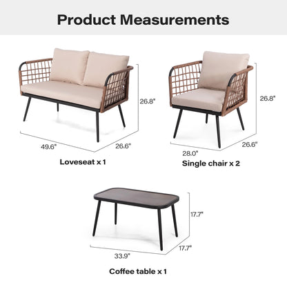 LAUSAINT HOME 4 Pieces Outdoor Conversation Sets, Patio Metal Frame Sofa with Wood Loveseat and Coffee Table, Beige Cushions