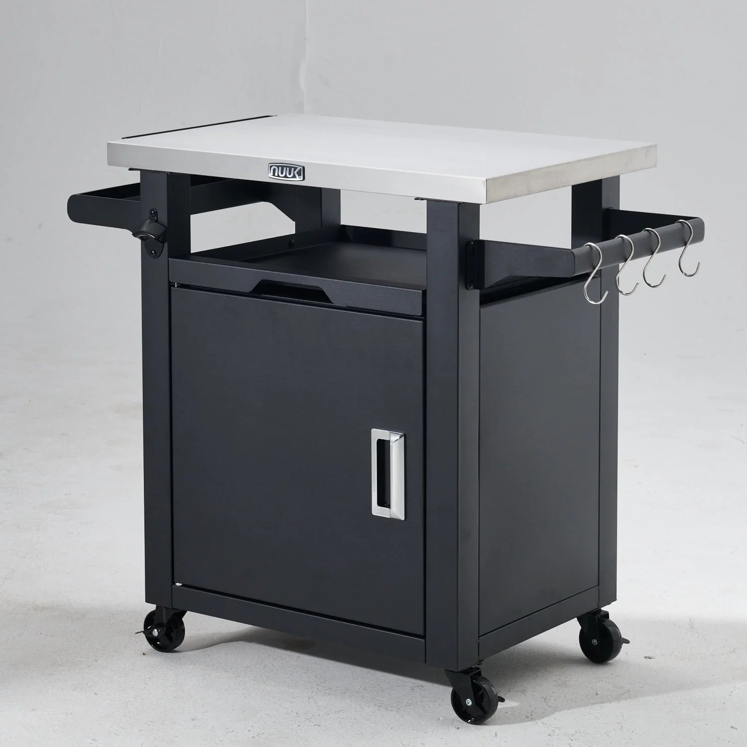 Deluxe 30IN Outdoor Rolling Grill Cook Station, Bar Table with Patio Storage Cabinet and Outdoor Dining Table, Black