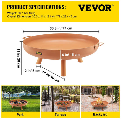 VEVOR Fire Pit Bowl, 30-inch Deep Round Carbon Steel Fire Bowl, Wood Burning for Outdoor Patios, Backyards & Camping Uses, with A Drain Hole, Portable Handles and A Firewood Stick, Brown