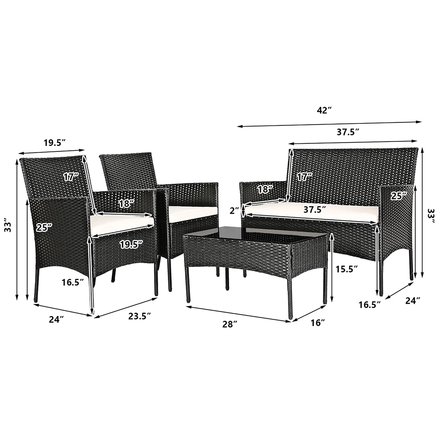 Gymax 4PCS Patio Rattan Conversation Set Outdoor Furniture Set w/Cushion