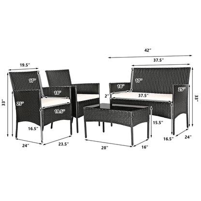 Gymax 4PCS Patio Rattan Conversation Set Outdoor Furniture Set w/Cushion