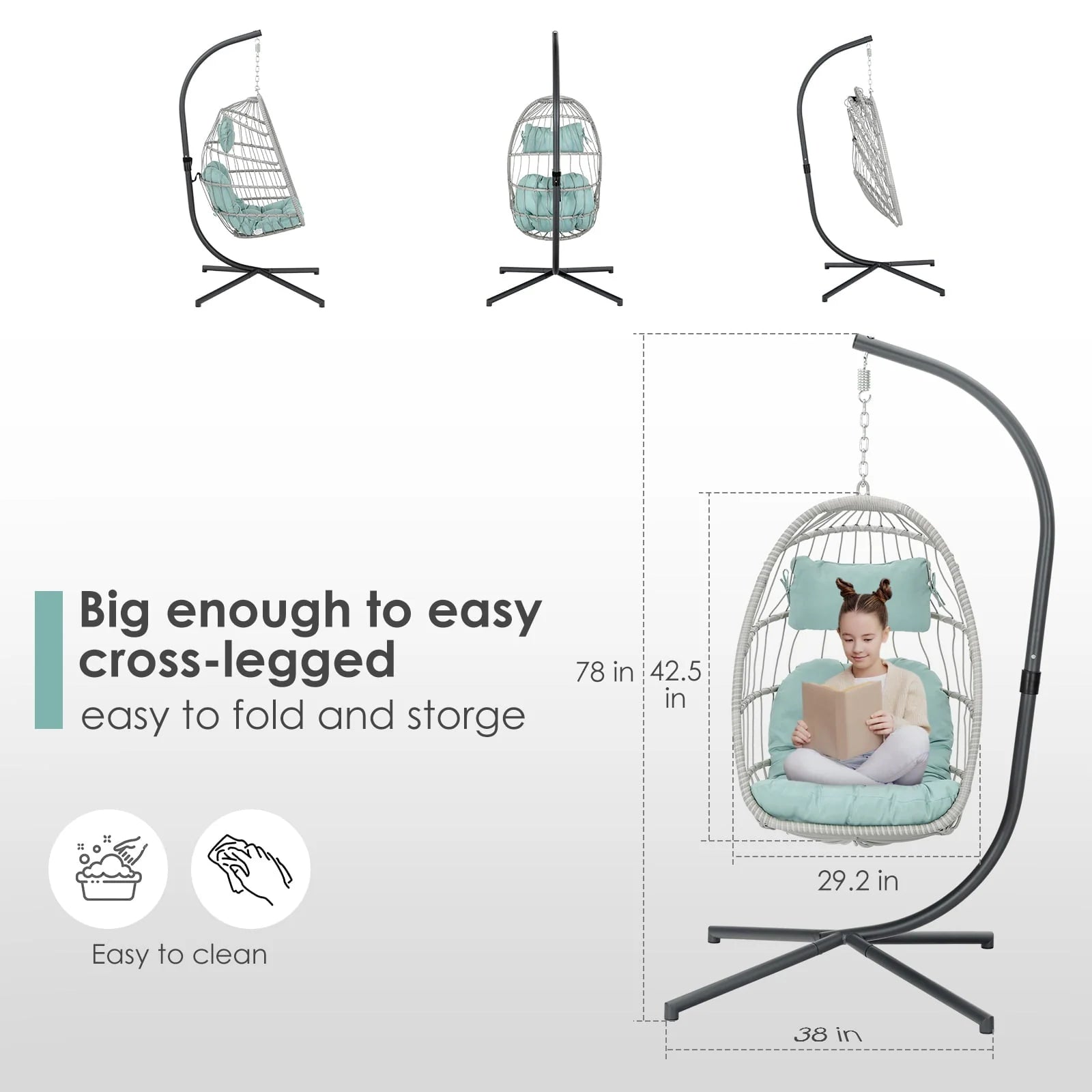 Hanging Egg Chair with Steel Stand and Fluffy Cushion, Lounge Wicker Iron Swing Chairs for Indoor Outdoor Patio Garden