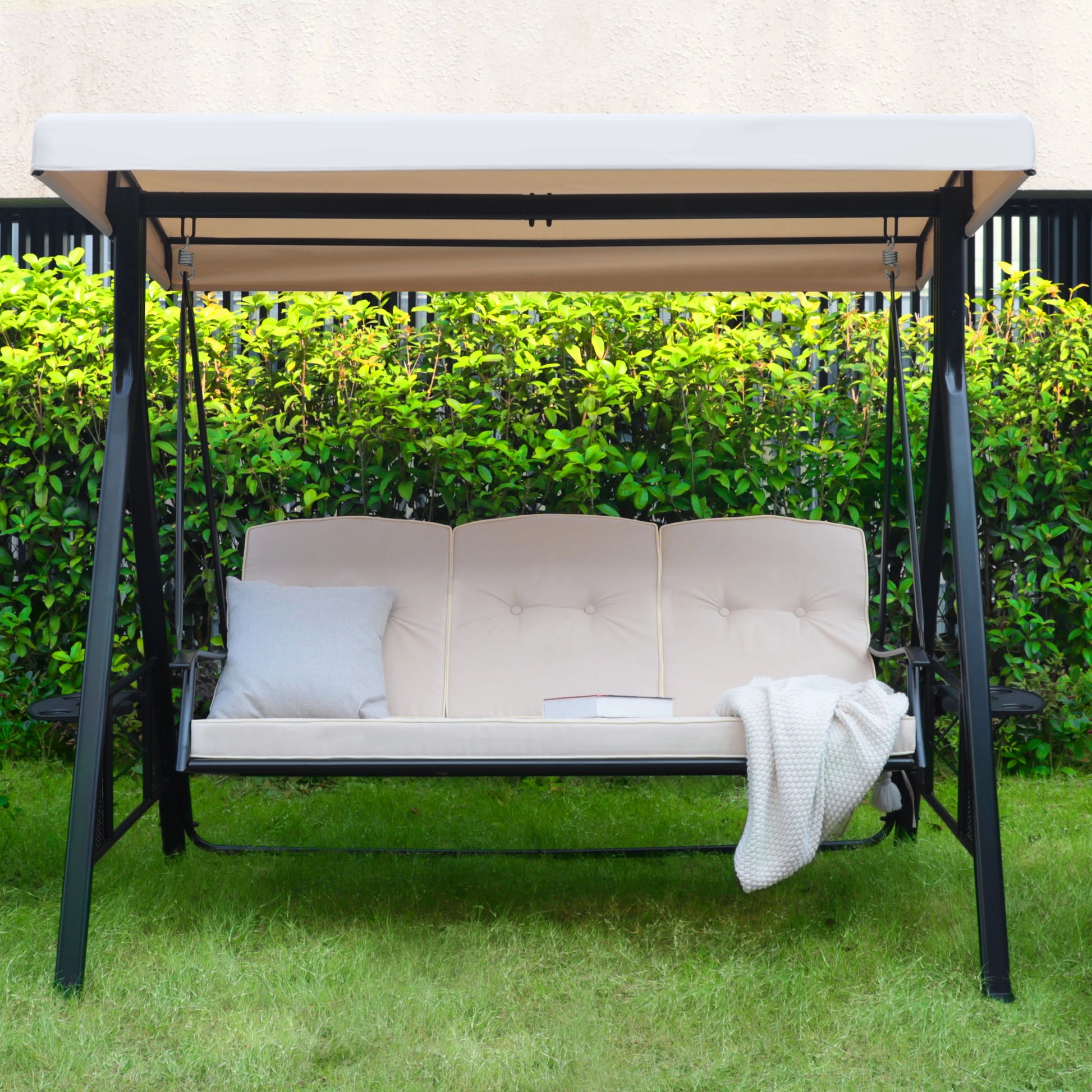 VEIKOUS 3-Seat Porch Swing Glider Outdoor with Adjustable Canopy and Side tables for Patio, Beige