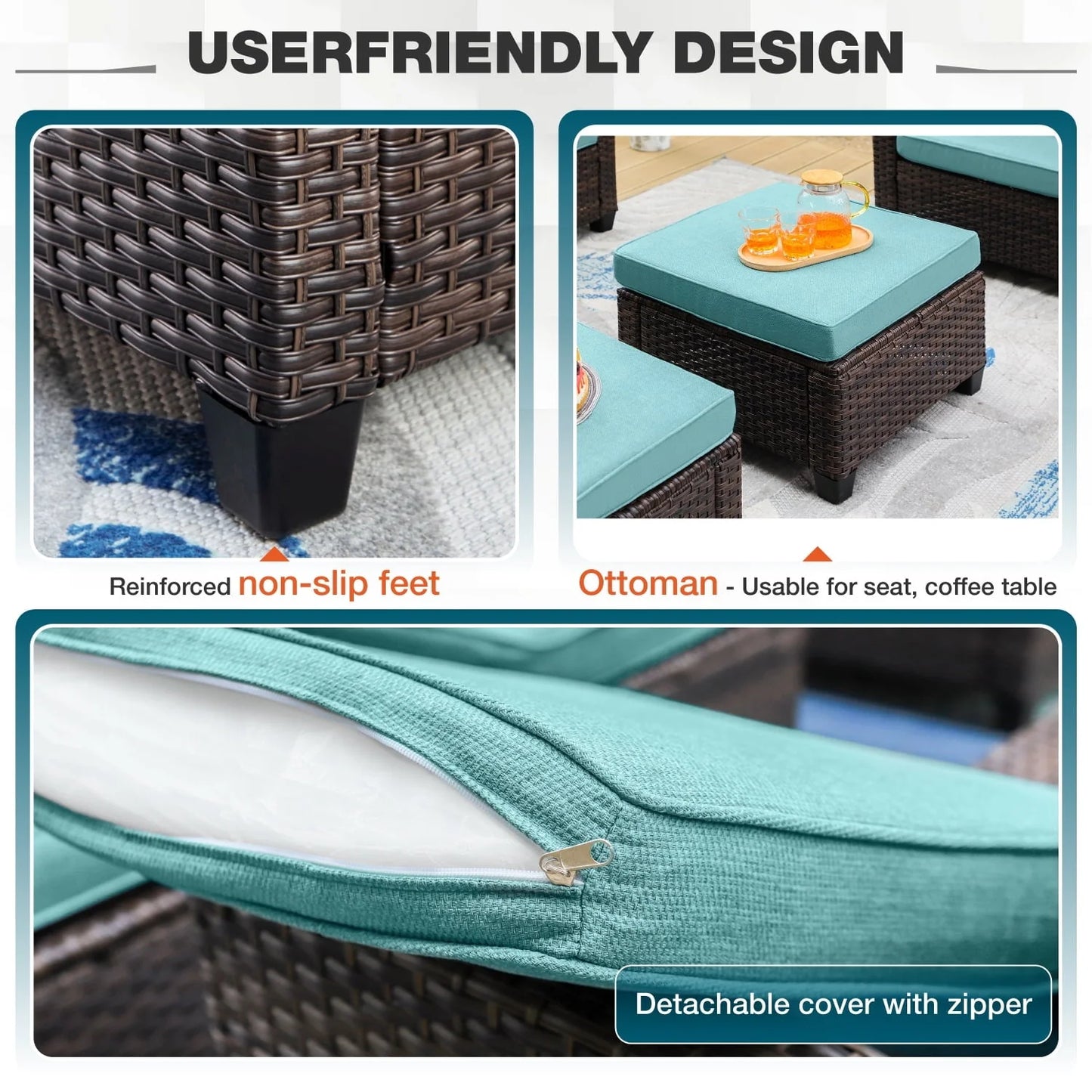 MF Studio 7-Seat Outdoor Patio Conversation Set Wicker Furniture Sofa Set Blue
