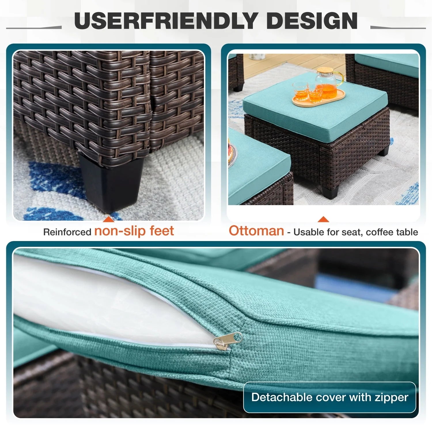 MF Studio 7-Seat Outdoor Patio Conversation Set Wicker Furniture Sofa Set Blue