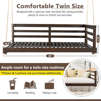 Country Patio Wooden Twin Size Swing Daybed Porch Swing Frame with 4pcs 96-inch Hemp Ropes for Backyard, Garden, White