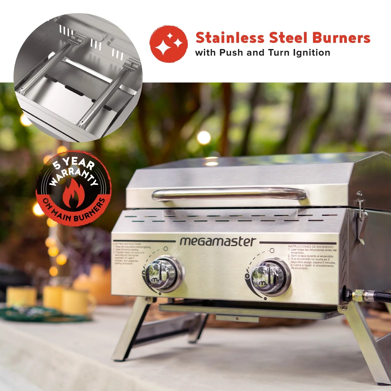 Megamaster 2-Burner Stainless Steel Portable Gas Grill with Built-In Lid, 16,000 BTUs, Foldable Legs, Small Propane Grill for Outdoor Cooking, Camping, BBQs, Patios, Tabletop, and Gardens - 820-0033M