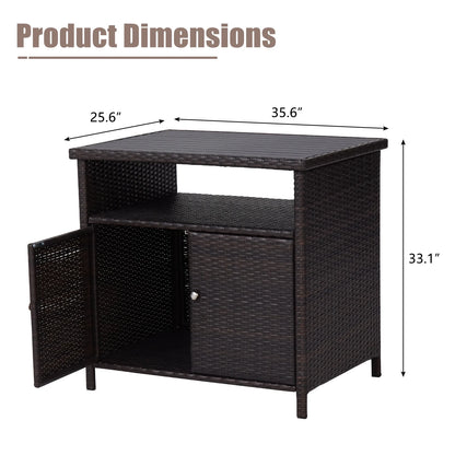 Kinbor Outdoor Wicker Storage Cabinet, Patio Bar Tables with Two Doors & Shelves, Weatherproof Storage Console Table, Dark Brown