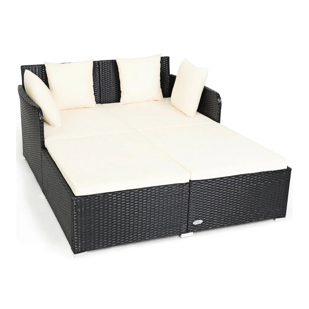 Resenkos Outdoor Patio Rattan Wicker Daybed Sectional Conversation Double Chaise Lounge, White Resistant Cushions