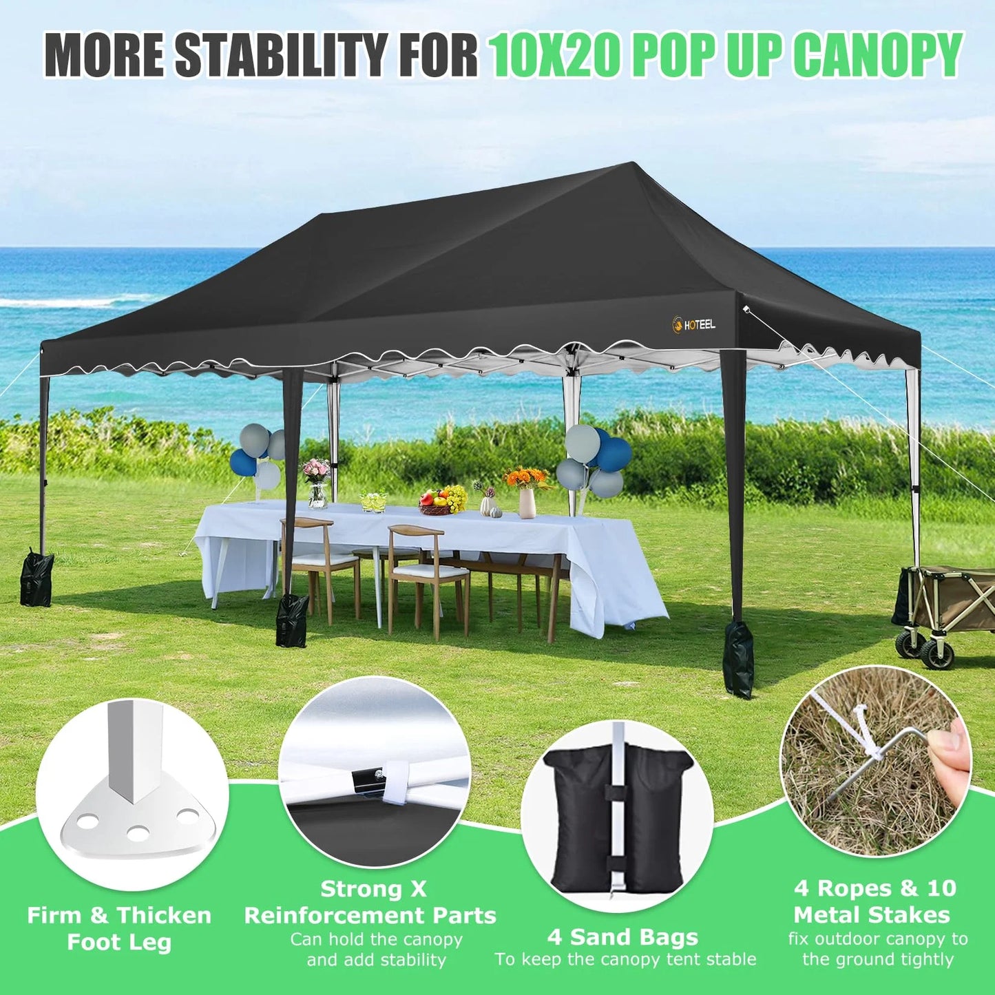 HOTEEL 10x20 Pop up Canopy Tents with Removeble Sidewalls,Outdoor Gazebo with Wheeled Bag & 4 Sandbags,for Patio,Wedding,Backyard,Camping,Parties,Event,Black