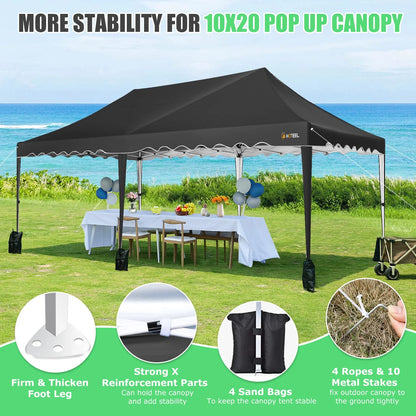 HOTEEL 10x20 Pop up Canopy Tents with Removeble Sidewalls,Outdoor Gazebo with Wheeled Bag & 4 Sandbags,for Patio,Wedding,Backyard,Camping,Parties,Event,Black