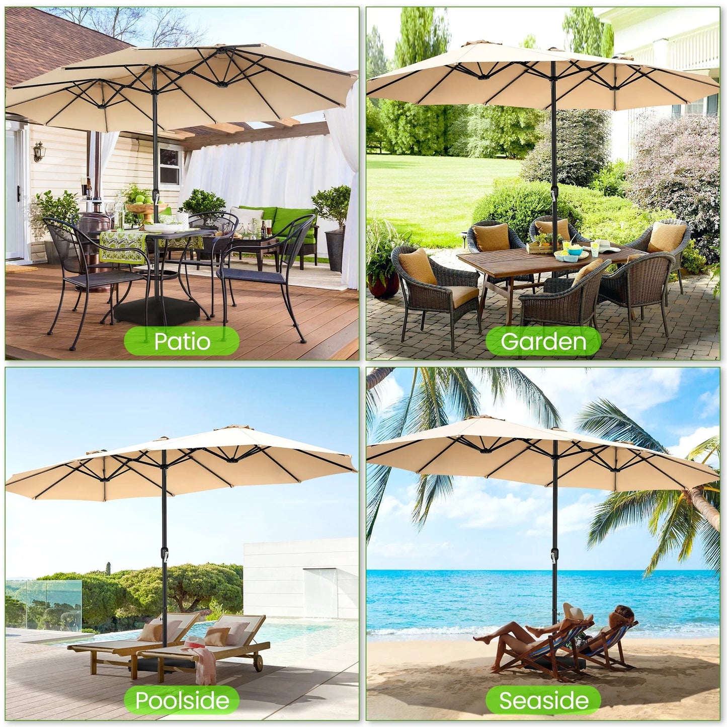 VIBESPARK 15ft Double-Sided Patio Umbrella with Base Extra Large Outdoor Table Umbrella Market Umbrella Beige