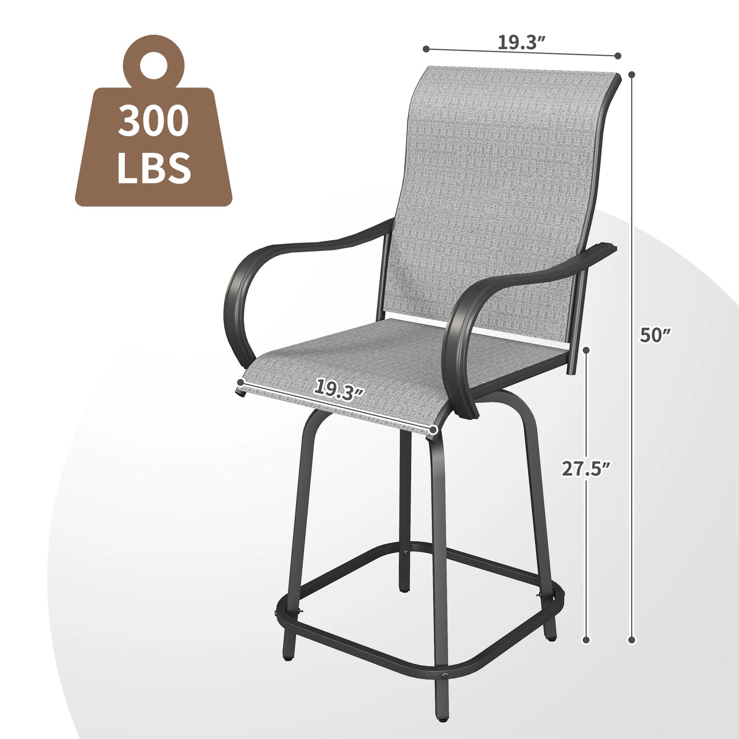 ECOPATIO Outdoor Swivel Bar Stool Collection Kids High Back Weather-Resistant - Set of 2, Light Gray