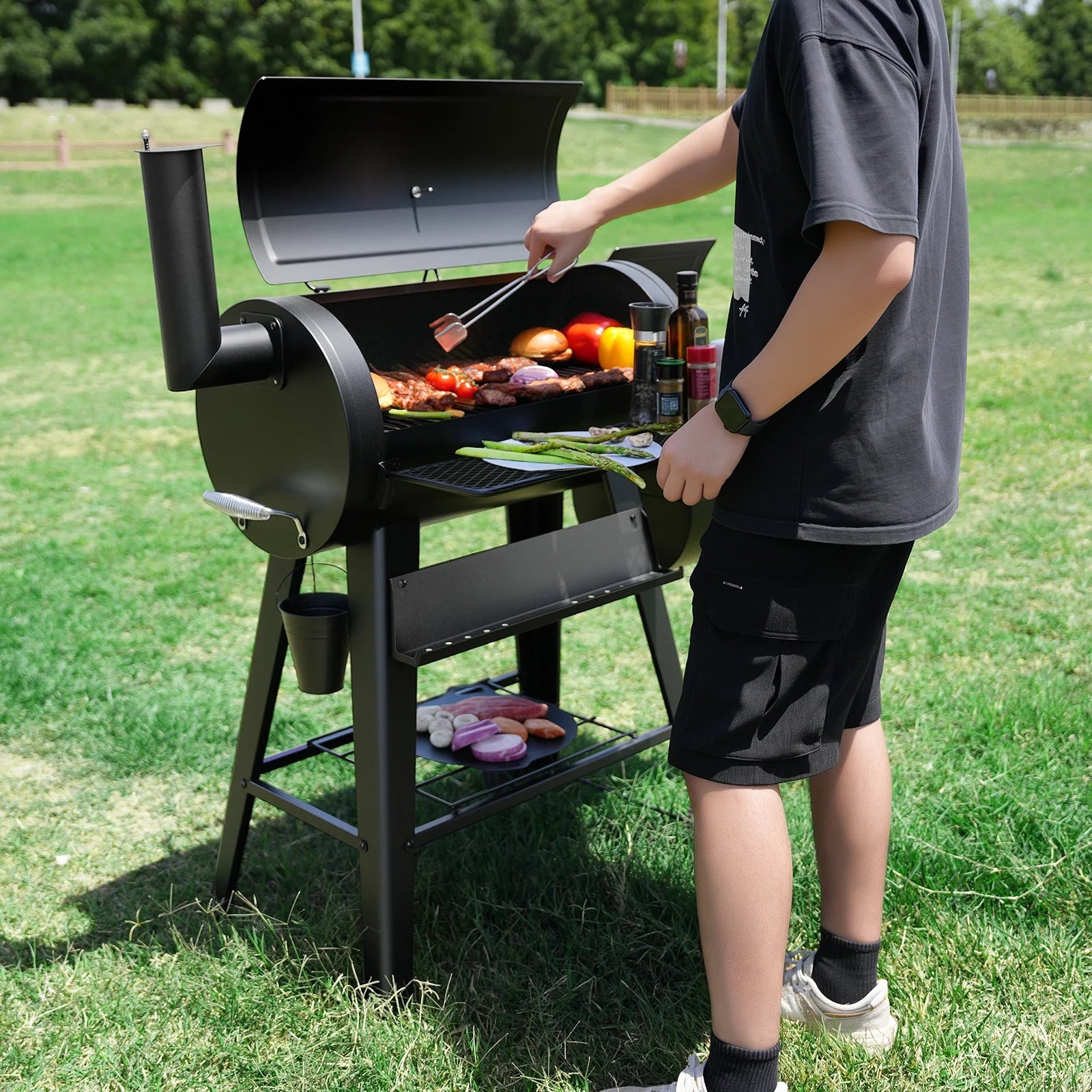 KingChii 547 SQ.IN. Charcoal Grills with Charcoal Wood Offset Smokers for Outdoor Patio BBQ Grilling, Black