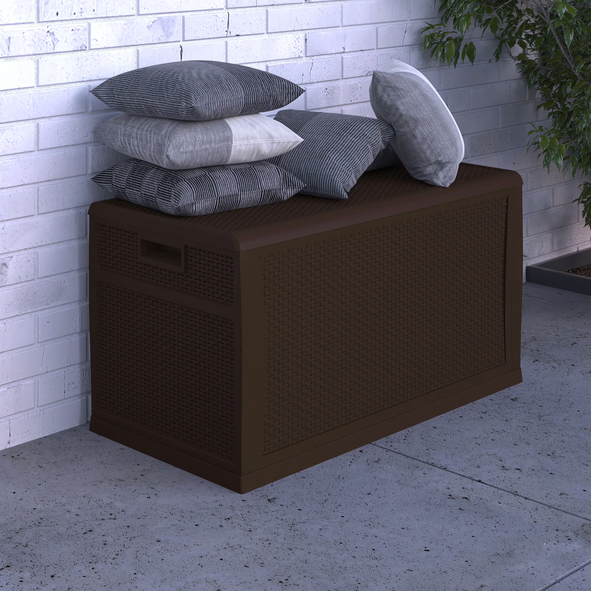Merrick Lane Brown 120 Gallon Weather Resistant Outdoor Storage Box for Decks, Patios, Poolside and More