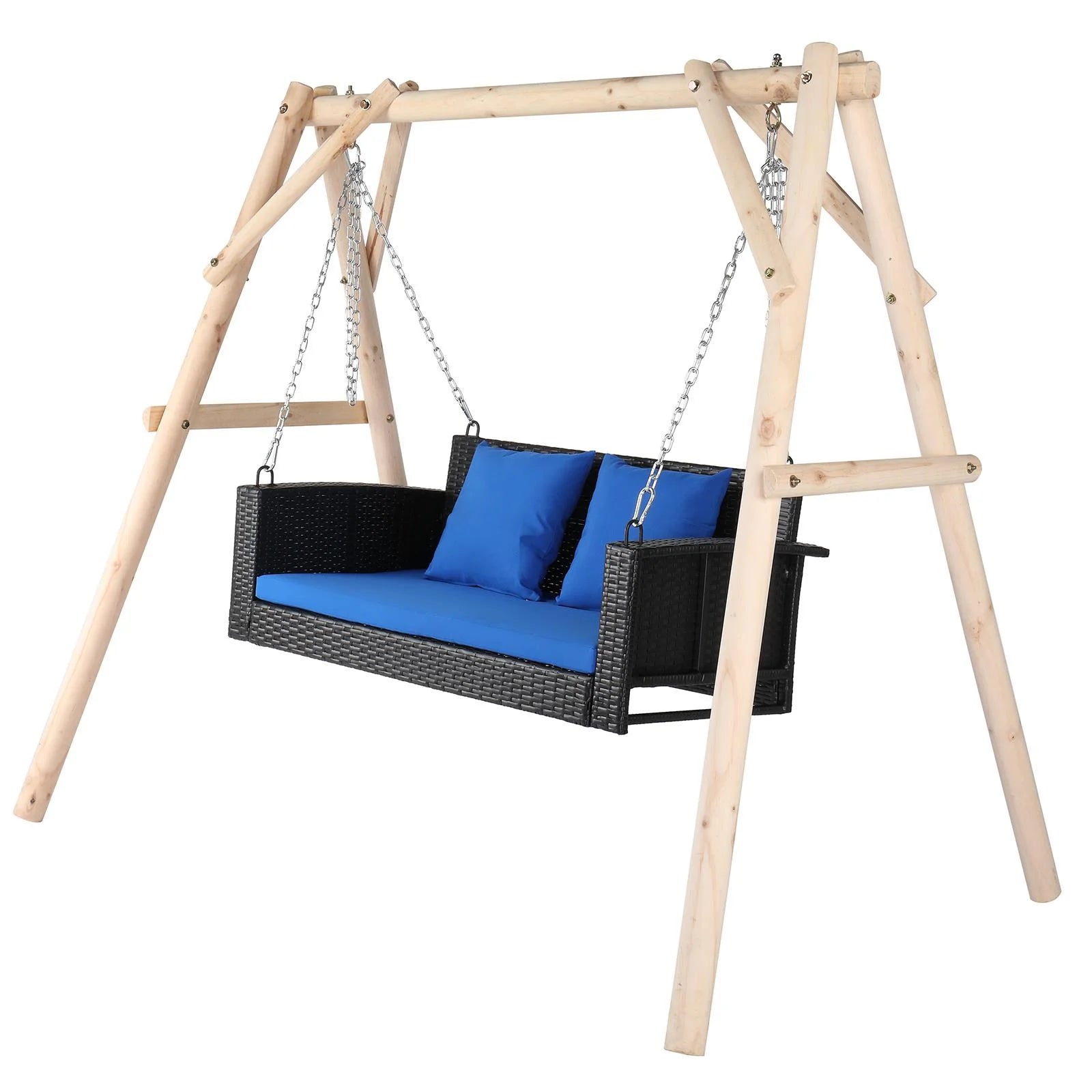 OverPatio 2-Person Rattan Wicker Swing Porch Swing Hanging Bench Outdoor Chair, Black Wicker Blue Cushion