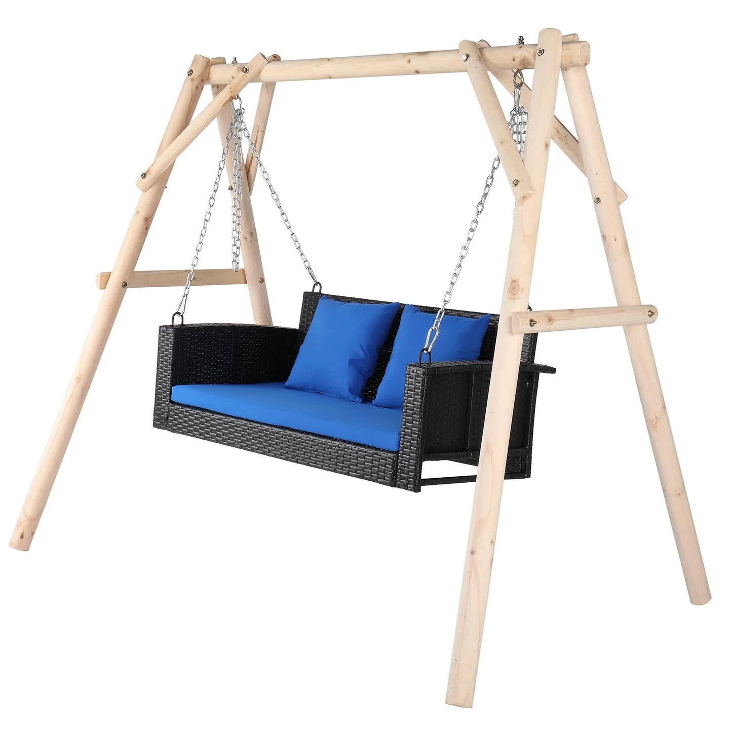 SalonMore Rattan Wicker Swing Hanging Porch Patio Swing 2 Person Seat, Front Porch Haning Swing w/Blue Cushion
