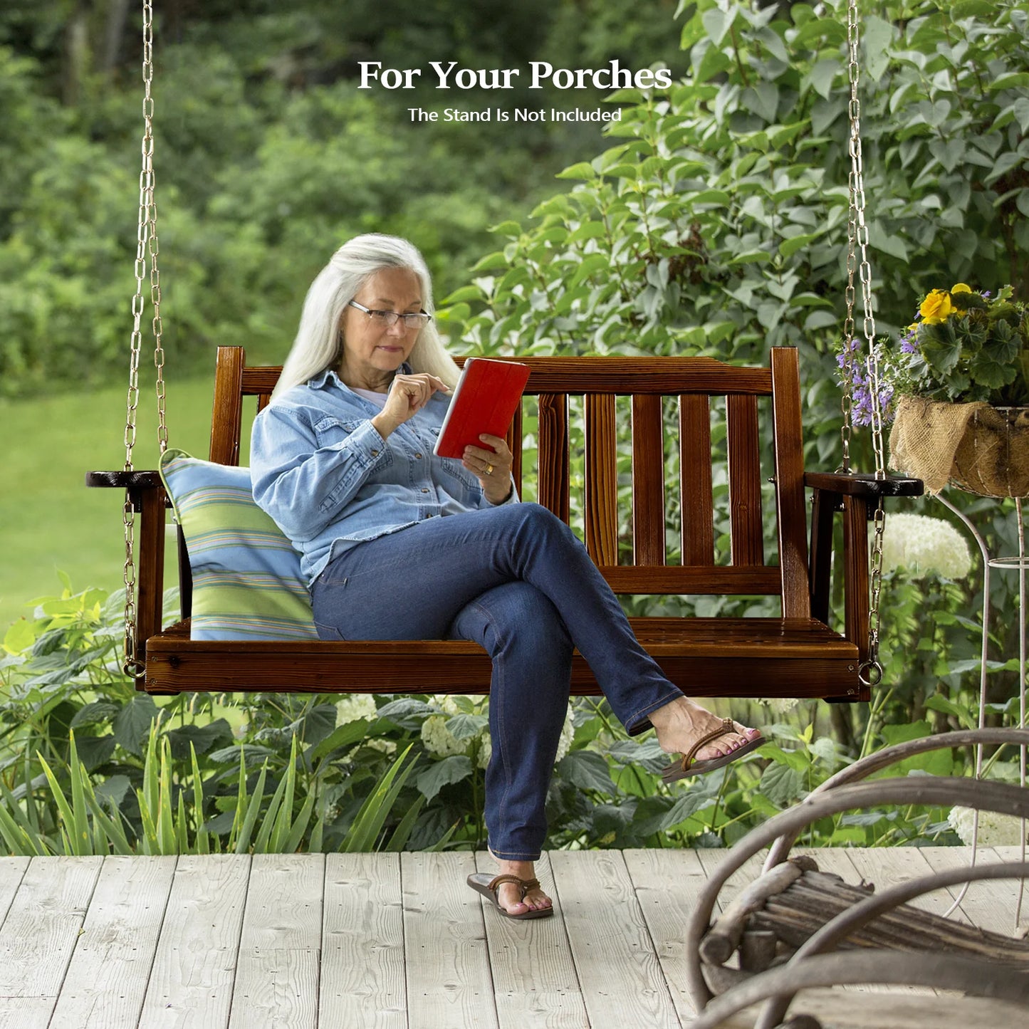 VINGLI Heavy Duty 880 LBS 4 FT Patio Wooden Porch Swing with Upgraded Adjustable Chains, Rustic