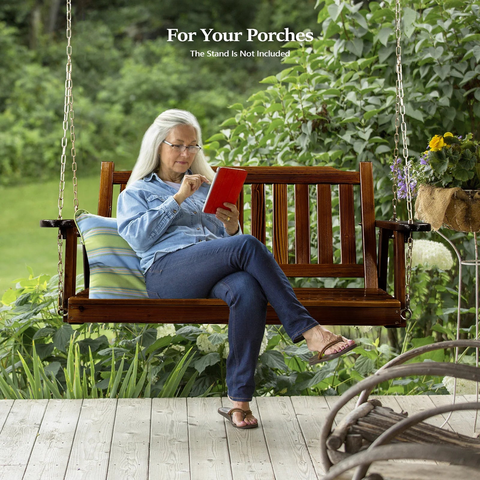 VINGLI Heavy Duty 880 LBS 4 FT Patio Wooden Porch Swing with Upgraded Adjustable Chains, Rustic
