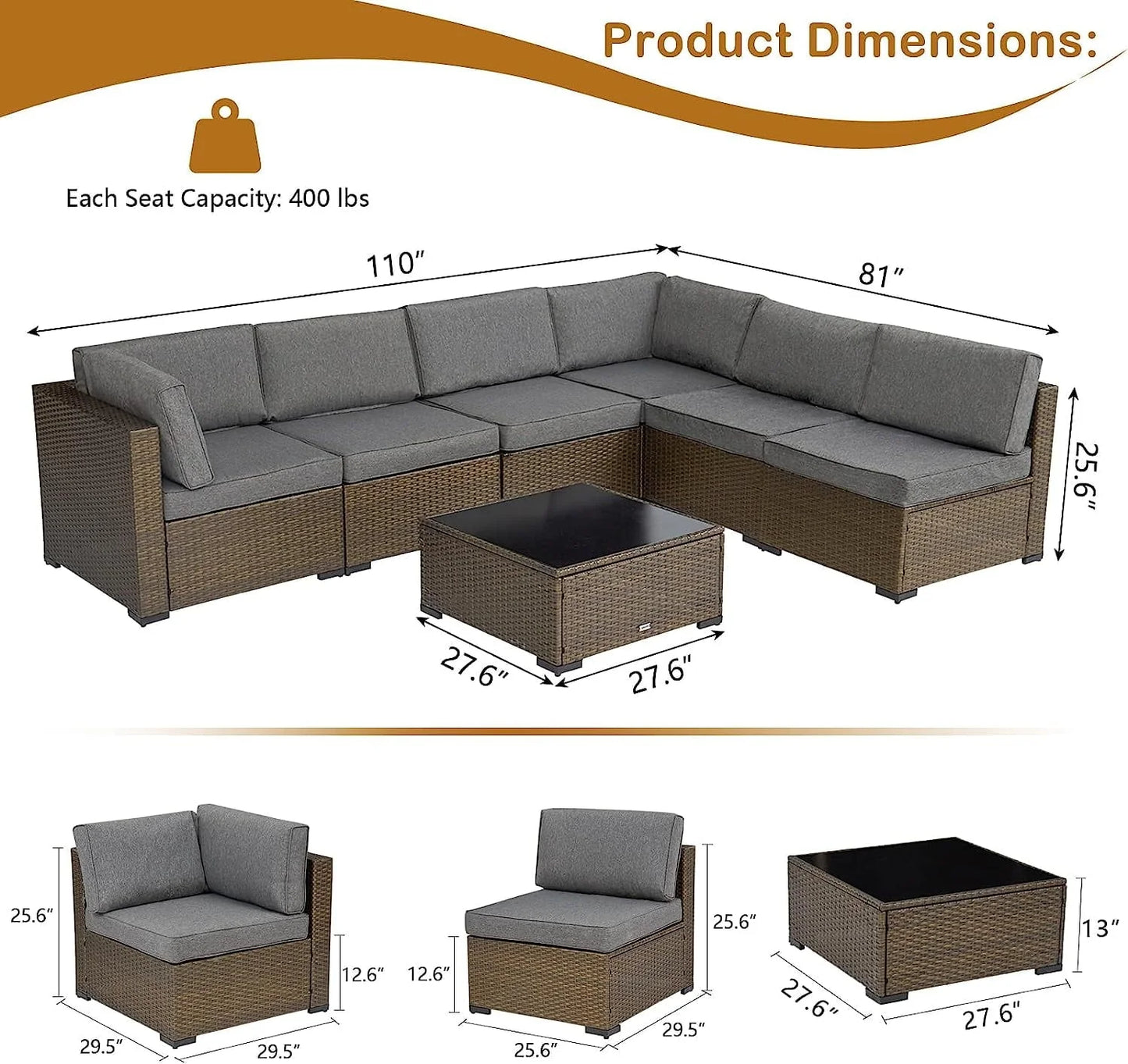 Kinbor 7Pcs Outdoor Furniture Set Wicker Sectional Sofa, Patio Conversation Sofa with Gray Cushion