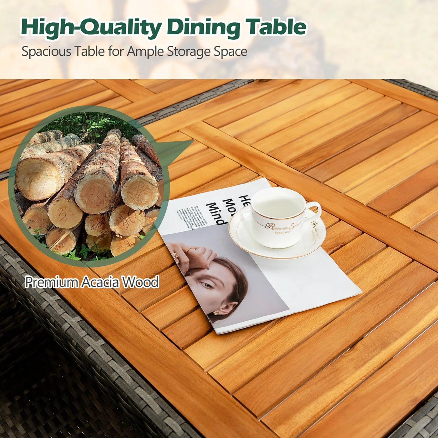 Costway 7PCS Patio Rattan Dining Set Acacia Wood Table Cushioned Chair Mix Gray
