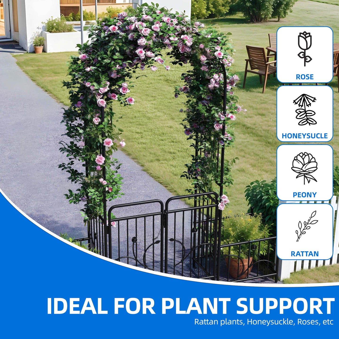 Uforic 87" Metal Garden Arbor Arch with Gate & Planter Boxes, Patio Wedding Party Lawn Arches Decoration, Black