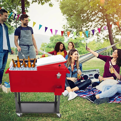 iTopRoad 80QT Cooler Cart Rolling Party Iron Spray Ice Chest Patio Warm Shelf Red