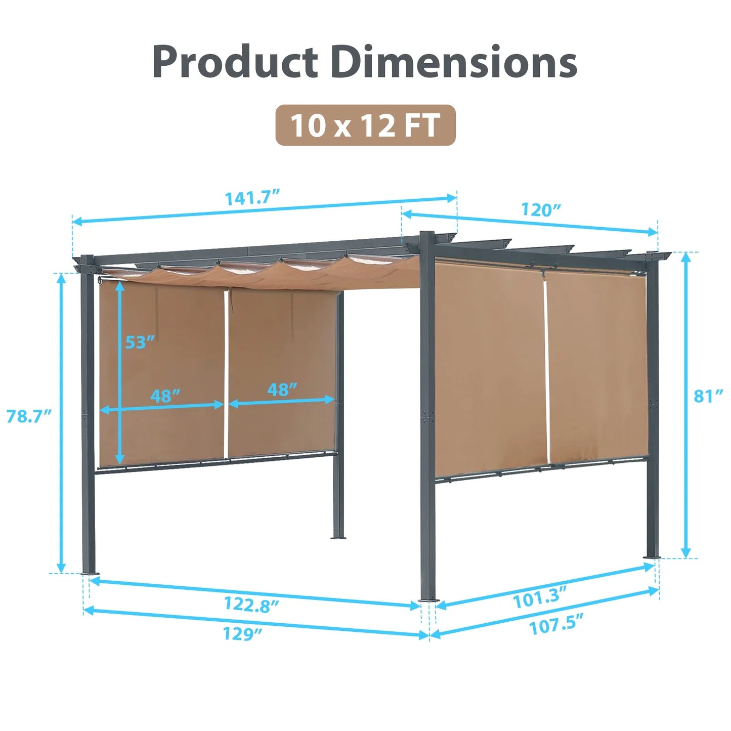Aoodor 12 x 10 ft Outdoor Pergola with Retractable Shade Canopy, Dark Gray Matte Aluminum Frame, 4 Pieces Roller Shade Curtain, Grape Trellis Pergola for Patio Backyard -Dark Brown