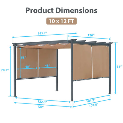 Aoodor 12 x 10 ft Outdoor Pergola with Retractable Shade Canopy, Dark Gray Matte Aluminum Frame, 4 Pieces Roller Shade Curtain, Grape Trellis Pergola for Patio Backyard -Dark Brown