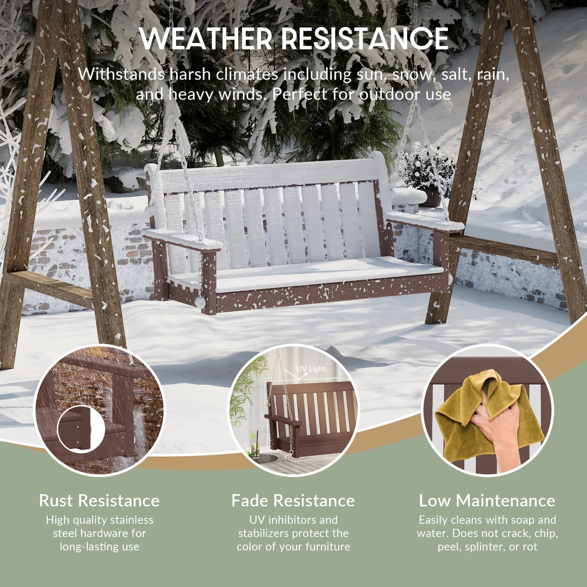 WestinTrends Malibu Outdoor Patio HDPE Hanging Front Porch Swing Bench, Dark Brown
