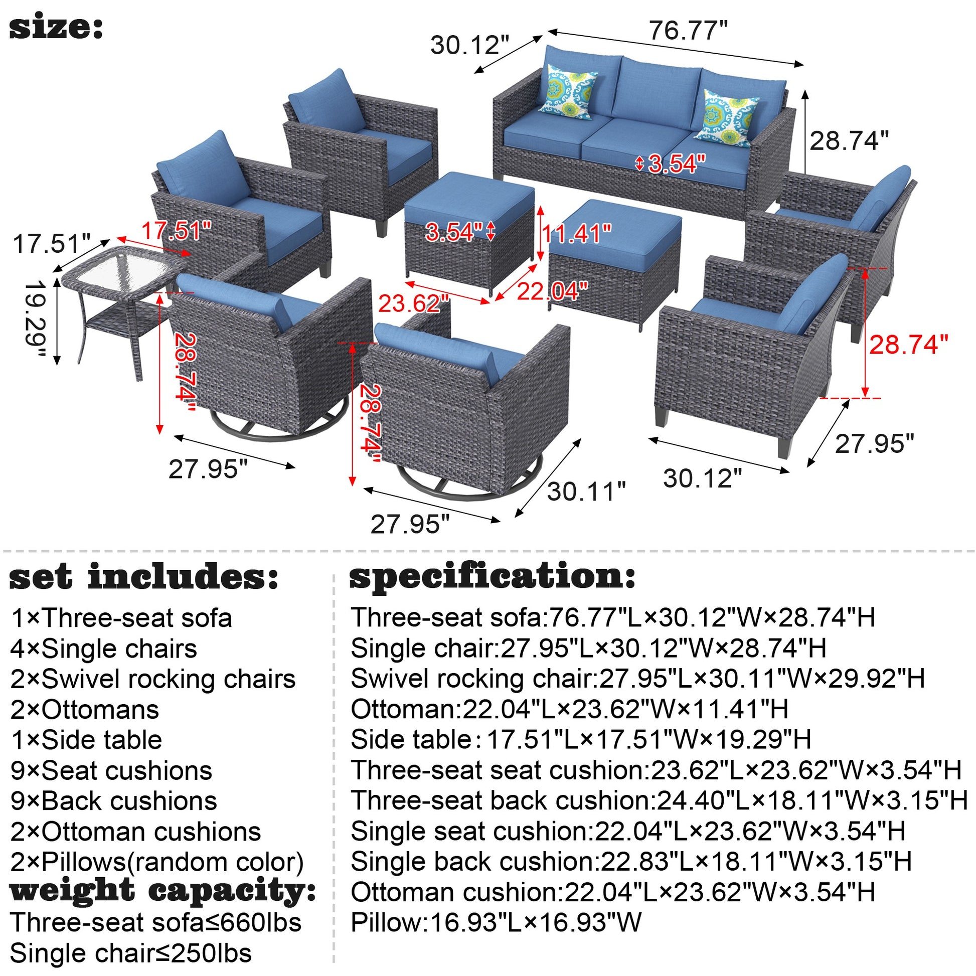 Ovios 10 Pieces Outdoor Patio Furniture with 360° Swivel Rocking Chairs All Weather Patio Sectional Sofa Set for Balcony