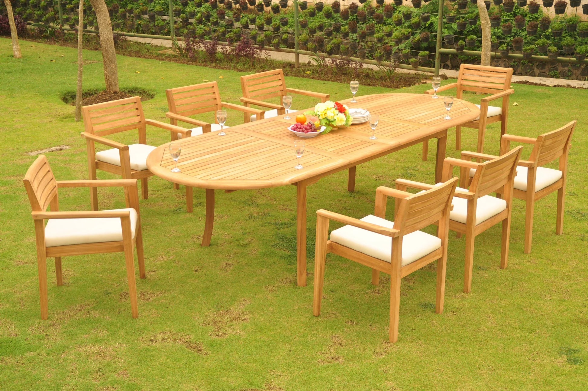 Teak Dining Set: 8 Seater 7 Pc: 117" Oval Table & 8 Montana Stacking Arm Chairs Outdoor Patio Grade-A Teak Wood WholesaleTeak #WMDSMTd