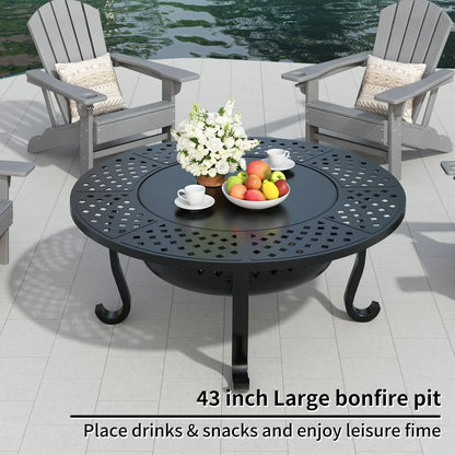 43 Inch Fire Pit with 2 Grill, Outdoor Wood Burning Firepit with Lid, Metal Round Table for Backyard Patio Garden Picnic Camping Bonfire
